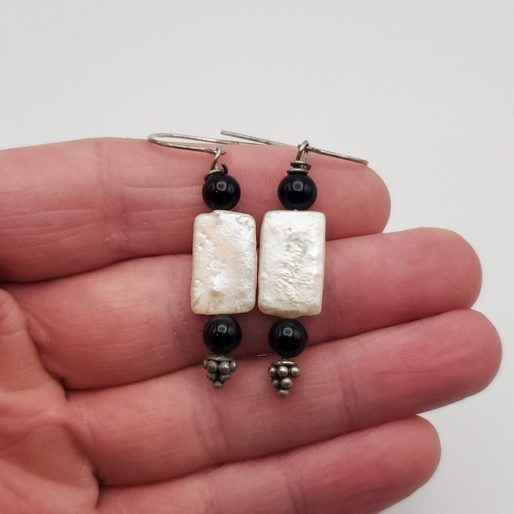 925 Sterling Silver Rectangle Shell And stone Tarnished Dangle Earrings